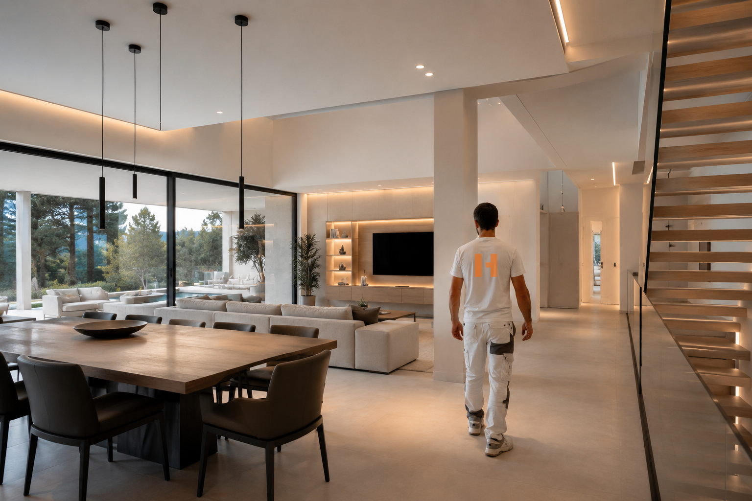 Familia feliz sonriendo en el salón de una casa moderna y luminosa